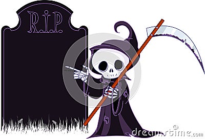 Cartoon grim reaper pointing to tombstone Vector Illustration