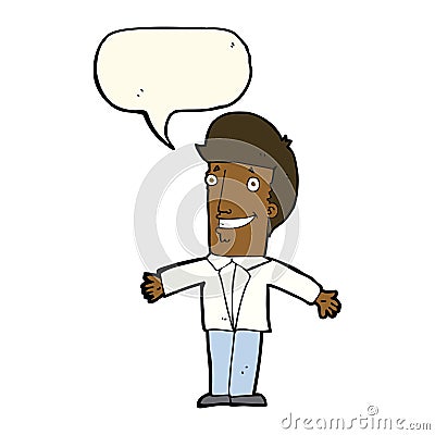 cartoon grining man with open arms with speech bubble Stock Photo