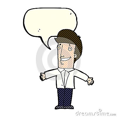 cartoon grining man with open arms with speech bubble Stock Photo