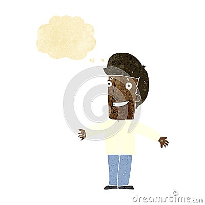 cartoon grining man with open arms with thought bubble Stock Photo