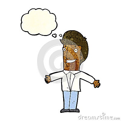 cartoon grining man with open arms with thought bubble Stock Photo