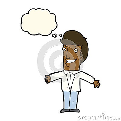 cartoon grining man with open arms with thought bubble Stock Photo