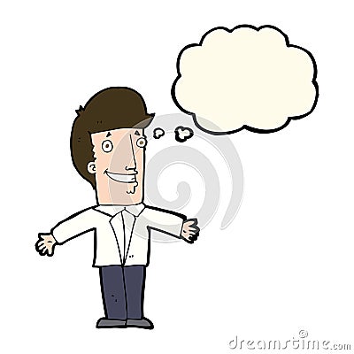 cartoon grining man with open arms with thought bubble Stock Photo