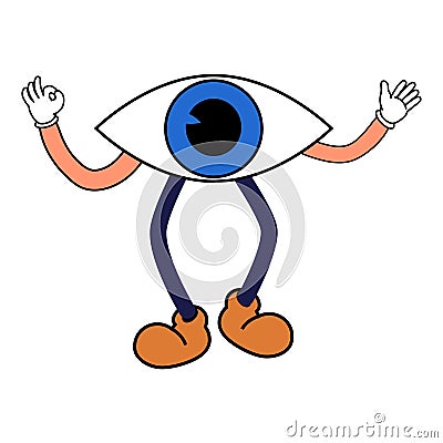 Cartoon Groovy funny cartoon character, vintage. Funky comic bright emoticon eye sticker Vector Illustration