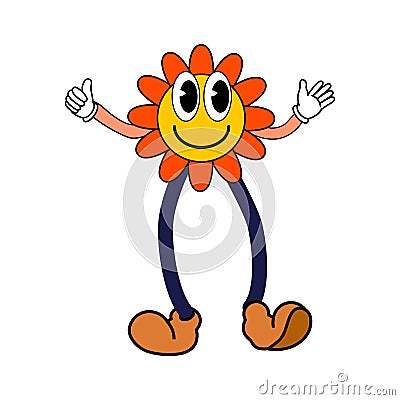 Cartoon Groovy funny cartoon smile character, vintage. Funky comic bright emoticon flower sticker Vector Illustration