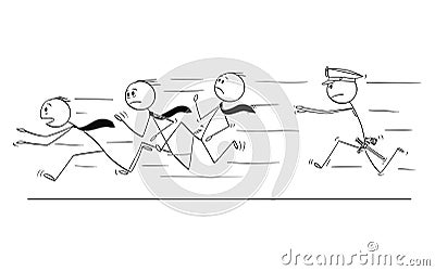 Cartoon of Group of Businessmen Running From Policeman Vector Illustration