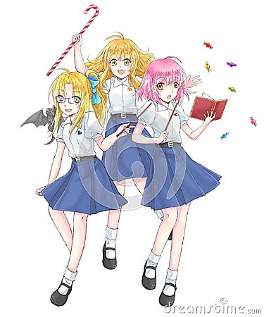 Cartoon group of cute modern schoolgirl fantasy withes Cartoon Illustration