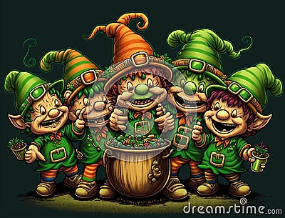 Five goblins wearing a St. Patrick's Day sweater Stock Photo