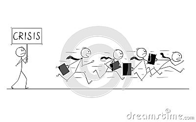 Cartoon of Group or Team of Businessmen Running in Panic Away From Man With Crisis Sign Vector Illustration