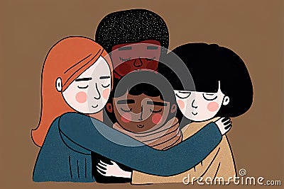 Cartoon of a group of young diverse multiracial male and female adult people hugging each other Cartoon Illustration