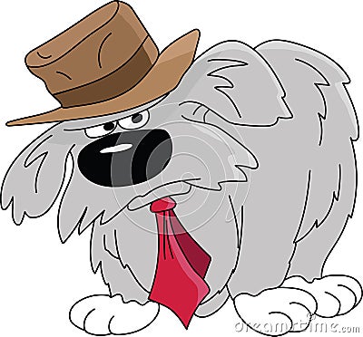 Cartoon grumpy old dog wearing a brown hat and a red tie vector illustration Vector Illustration