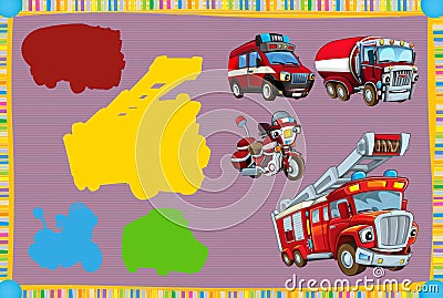 Cartoon guessing game for little kids with colorful fireman vehicles connecting pairs Cartoon Illustration