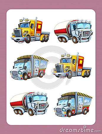 Cartoon guessing game for little kids with colorful industry cars joining pairs Cartoon Illustration