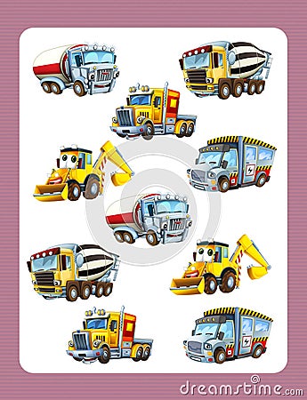 Cartoon guessing game for little kids with colorful industry cars joining pairs Cartoon Illustration