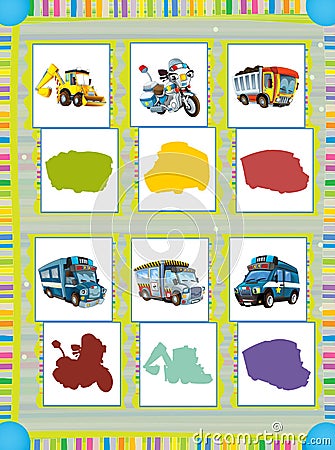 Cartoon guessing game for little kids with colorful industry and police vehicles Cartoon Illustration