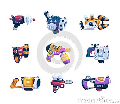 Cartoon guns. Alien game weapon. Futuristic lasers and blasters set. Astronaut combat ray handguns. Fictional weaponry Vector Illustration