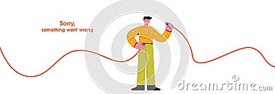 Cartoon guy hold unplugged cable internet disconnect vector flat illustration Vector Illustration