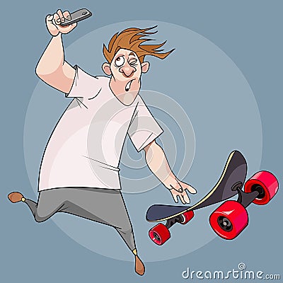 Cartoon guy jumps off a skateboard and takes a selfie Vector Illustration