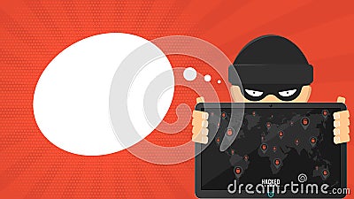 Cartoon hacker is holding a hacked tablet on a red background. Black markers with cracked red locks on the map of the earth. The s Cartoon Illustration