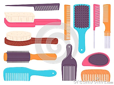 Cartoon hairbrushes and professional comb for hair styling. Curling and style brush. Hairdresser, stylist and beauty Vector Illustration