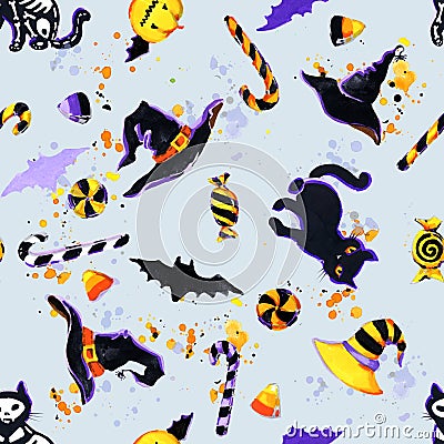 Cartoon Halloween background. Halloweens paty seamless pattern Stock Photo