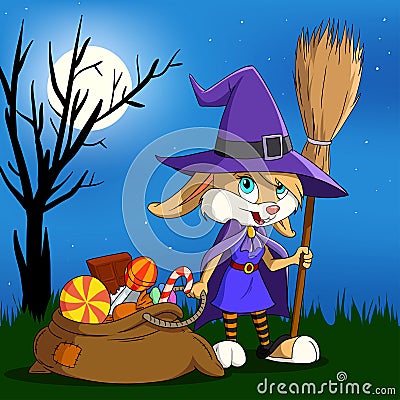 Cartoon halloween bunny girl with candy sack. Vector Illustration