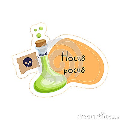 Cartoon Halloween green poison Hocus pocus sticker. Vector Vector Illustration