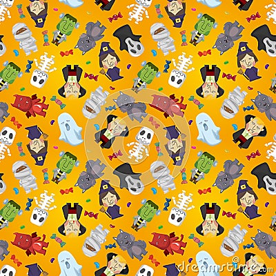 Cartoon Halloween holiday monster seamless pattern Vector Illustration