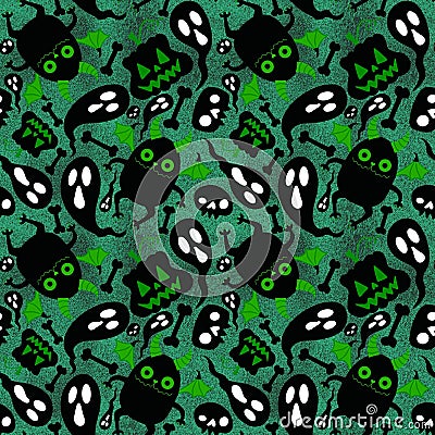 Cartoon Halloween monsters seamless bats and pumpkins and ghost and bones pattern for wrapping paper Cartoon Illustration