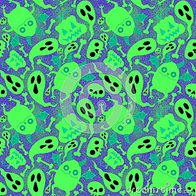Cartoon Halloween monsters seamless bats and pumpkins and ghost and bones pattern for wrapping paper Cartoon Illustration