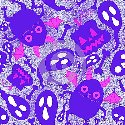 Cartoon Halloween monsters seamless bats and pumpkins and ghost and bones pattern for wrapping paper Cartoon Illustration