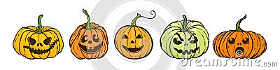 Cartoon halloween pumpkin. set of Orange pumpkins with carving scary smiling cute glowing faces. design for holiday greeting card Vector Illustration