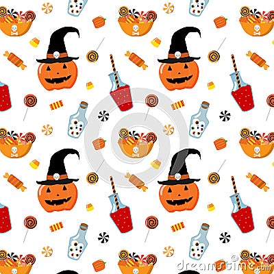 Cartoon Halloween pumpkin witch candies vector seamless pattern Vector Illustration