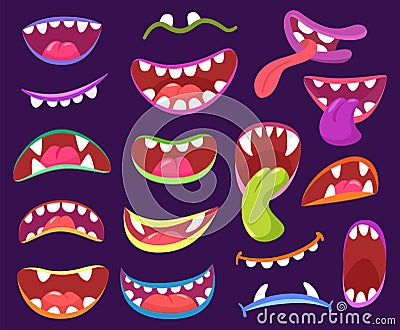 Cartoon halloween scary monster mouths with teeth and tongue. Funny monsters characters expressions, creatures open Vector Illustration