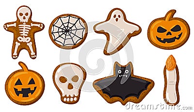 Cartoon Halloween spooky gingerbread cookies, pumpkin, skull and ghost Vector Illustration