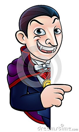 Cartoon Halloween Vampire Pointing at Sign Vector Illustration