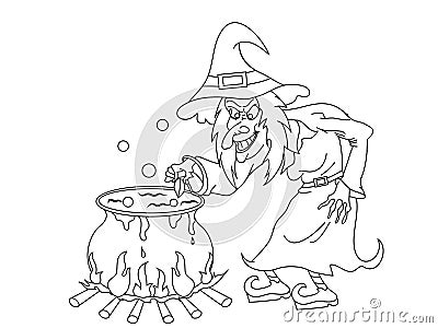 Cartoon Halloween Witch with Cauldron Coloring Page Stock Photo