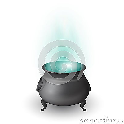 Cartoon Halloween witch cauldron with potion and stream on white background. Black pot with magic brew. Vector Vector Illustration