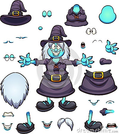 Cartoon Halloween witch character with different body parts and expressions Vector Illustration