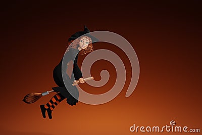 Cartoon Halloween witch flying on broom on yellow background. 3d render Stock Photo