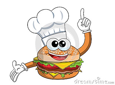 Cartoon hamburger character cook hands finger up isolated Vector Illustration