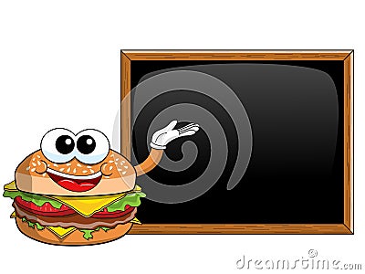 Cartoon hamburger character presenting blank blackboard chalkboard isolated Vector Illustration