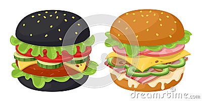 Cartoon hamburgers. Classic and black burgers, American cheeseburger and bacon burger with vegetables, cheese, beef, bacon and Vector Illustration