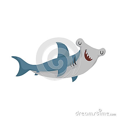 Cartoon hammerhead fish. Trendy design shark flat icon. Cheerful and closed eyes. Vector Illustration