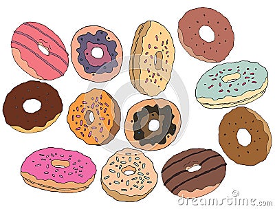 Cartoon hand draw sweet cream sugar doodle donuts set art cafe Vector Illustration