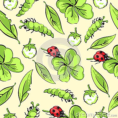 Cartoon hand drawing beetle ladybug and caterpillars, leaves and flowers of clover seamless pattern, vector background Vector Illustration