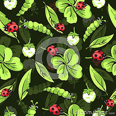 Cartoon hand drawing beetle ladybug and caterpillars, leaves and flowers of clover seamless pattern, vector background Vector Illustration