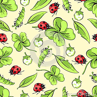 Cartoon hand drawing beetle ladybug and caterpillars, leaves and flowers of clover seamless pattern, vector background Vector Illustration