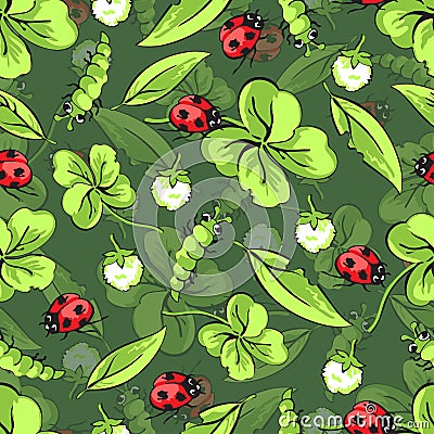 Cartoon hand drawing beetle ladybug and caterpillars, leaves and flowers of clover seamless pattern, vector background Vector Illustration