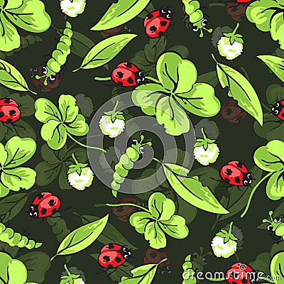 Cartoon hand drawing beetle ladybug and caterpillars, leaves and flowers of clover seamless pattern, vector background Vector Illustration